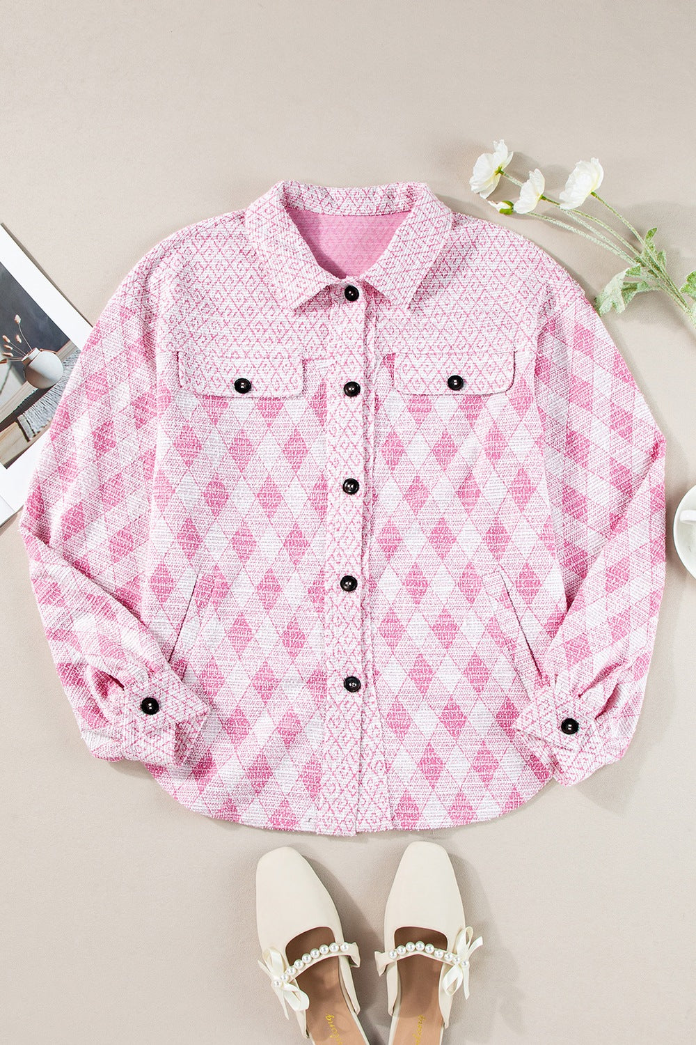 Geometric Print Textured Flap Pocket Shacket