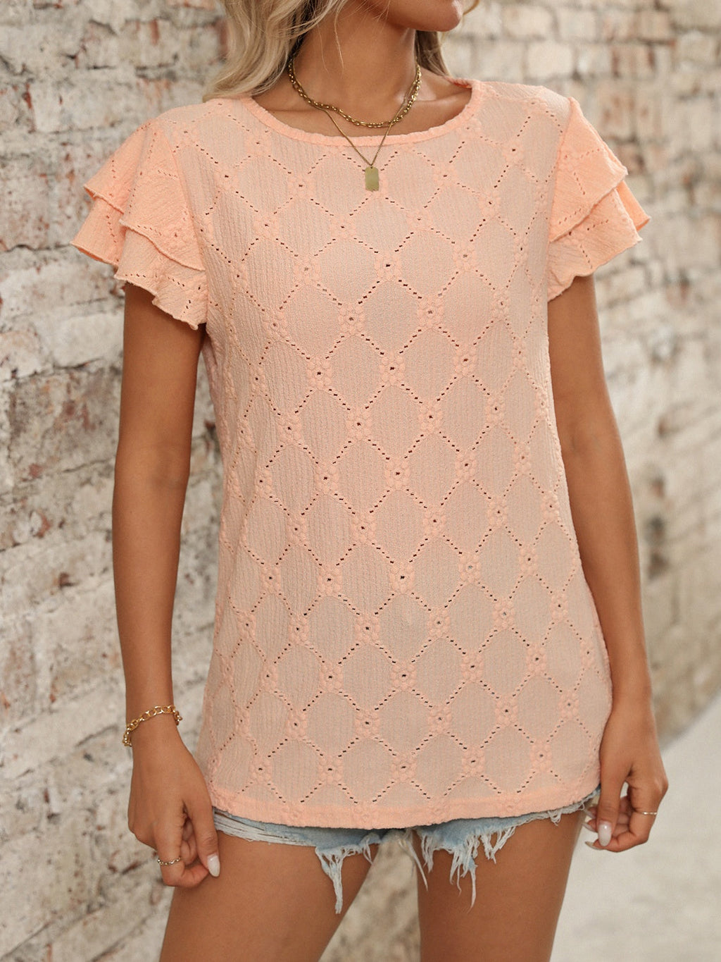 Eyelet Round Neck Double Layered Ruffled Short Sleeve Top
