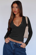 Lace Detail V-Neck Long Sleeve T-Shirt