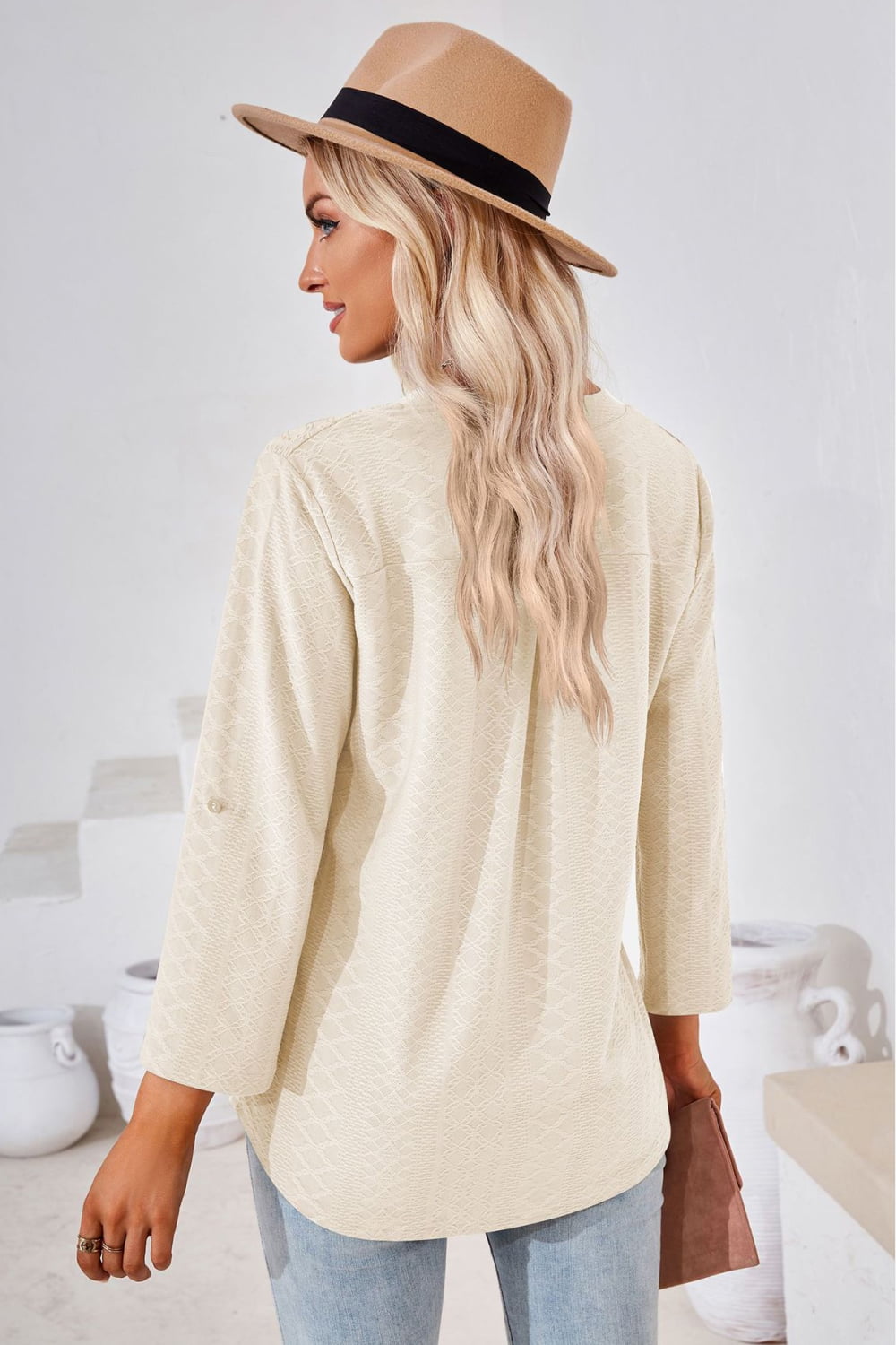 V-Neck Roll-Tap Sleeve Blouse
