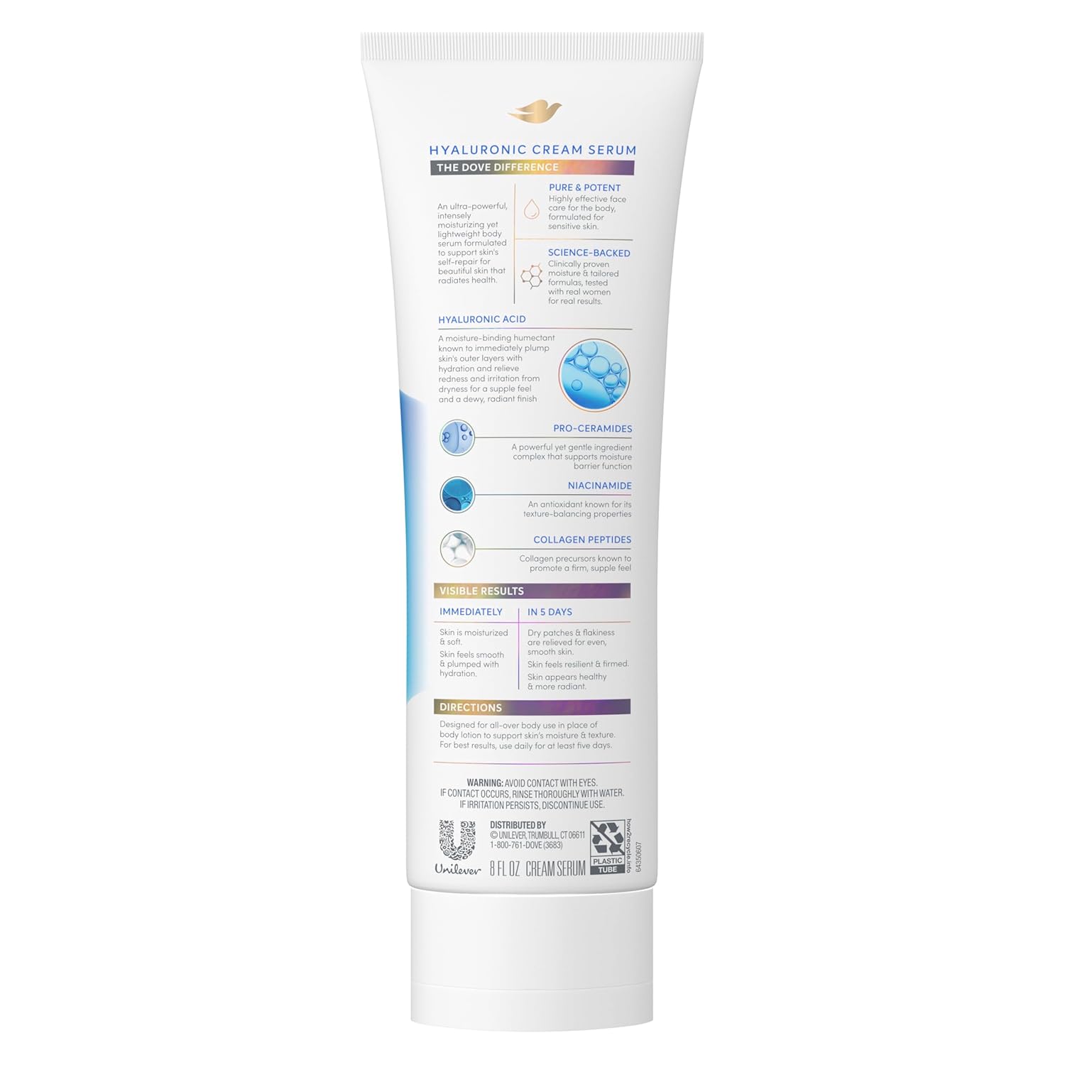 Dove Cream Serum Hyaluronic + Hydration for Extra Dry, Flaky Skin, with Pro-Ceramides, Niacinamide and Collagen Peptides Lotion, 8 oz