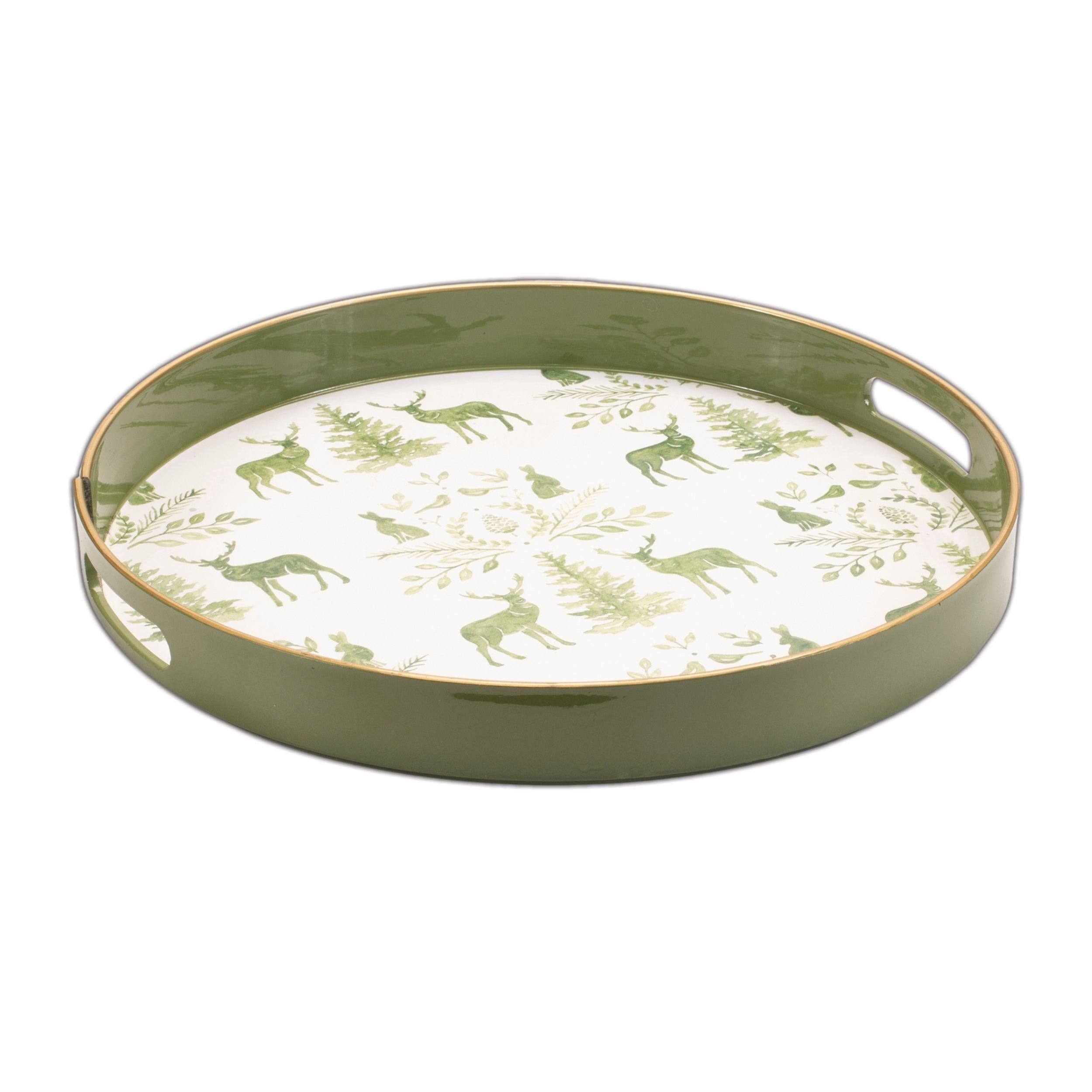 Round Deer and Pine Tree Print Tray 13.5"H