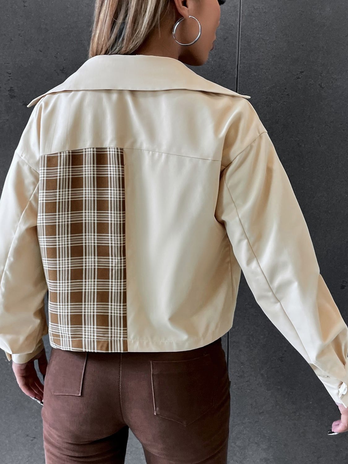 Snap Down Color Block Plaid Jacket
