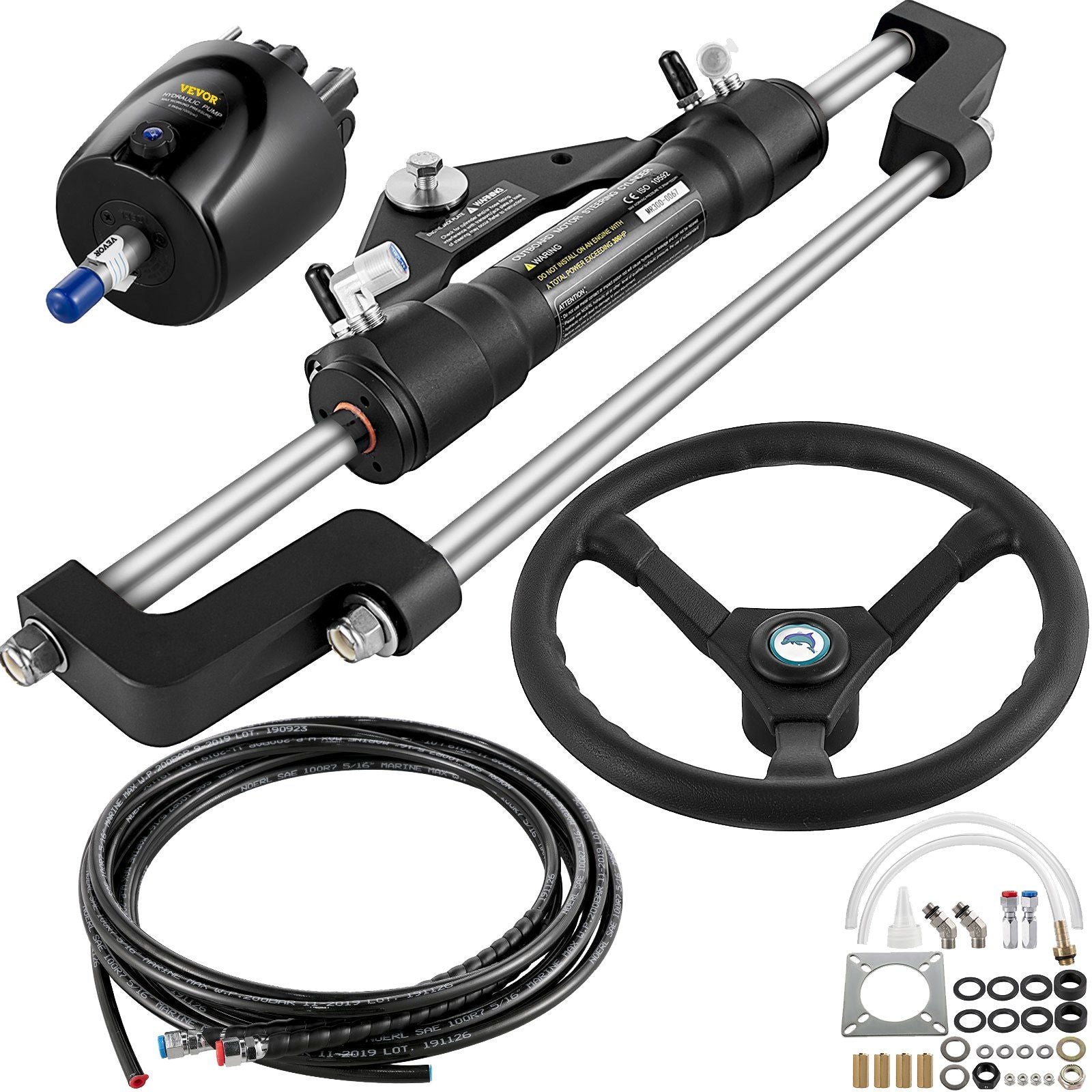 Hydraulic Boat Steering Kit, 300HP Hydraulic Steering Kit Helm Pump, Cylinder, Wheel, 18 Feet Hose Hydraulic Steering Seal Kit, Corrosion-Resistant Boat Steering System Marine Steering Kit