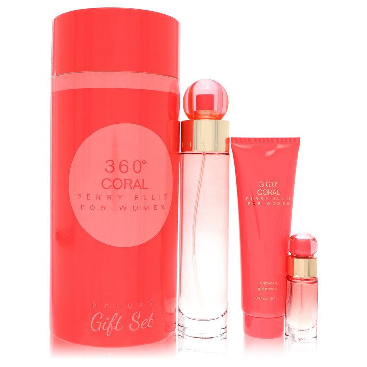 Perry Ellis 360 Coral by Perry Ellis Gift Set - 3.4 oz Eau de Parfum Spray + .25 oz Mini EDP Spray + 3 oz Shower Gel