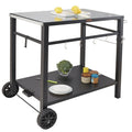 Outdoor Grill Dining Cart with Double-Shelf, BBQ Movable Food Prep Table, Multifunctional Iron Table Top, Portable Modular Carts for Pizza Oven, Worktable with 2 Wheels, Carry Handle, Black