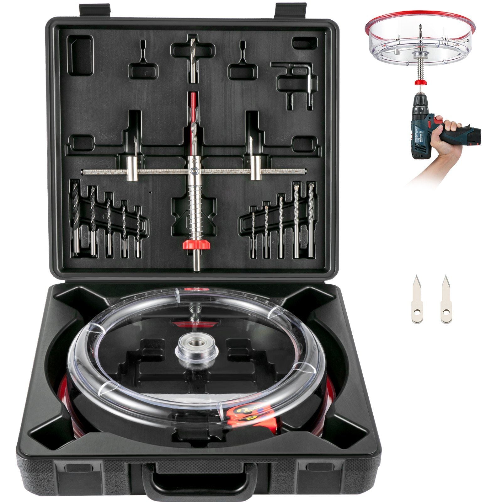 Adjustable Hole Saw Cutter Kit, 1-5/8" to 8" (40-200 mm), Twin Blade Recessed Hole Saw with PC Dust Shield, Two Replaceable Pilot Drill Bits, for Recessed Lights, Ceiling Speakers, Vent Holes