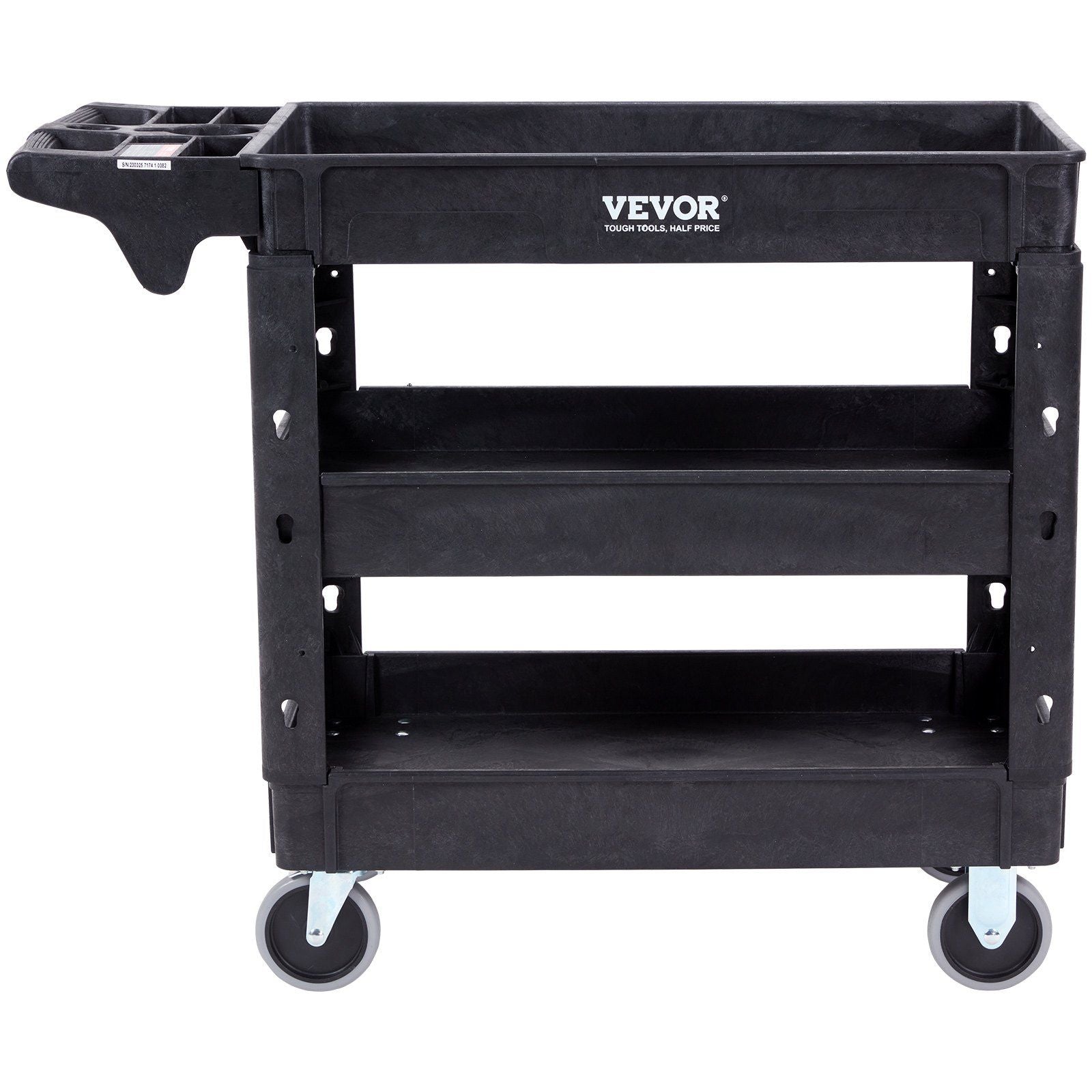 Utility Service Cart, 3 Shelf 550LBS Heavy Duty Plastic Rolling Utility Cart with 360° Swivel Wheels (2 with Brakes), Medium Lipped Shelf, Ergonomic Storage Handle for Warehouse/Garage/Cleaning