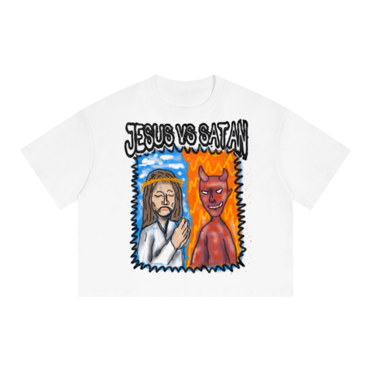 Jesus Vs Satan Streetwear Tee Y2k T-Shirt White Boxy Cropped 250GSM Summer Short Sleeve Crew Neck